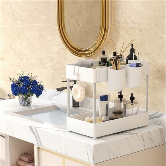 2 Tier Under Kitchen Bathroom Cabinet Storage Rack with 6 Hooks and 2 Baskets - Picture 5 of 6